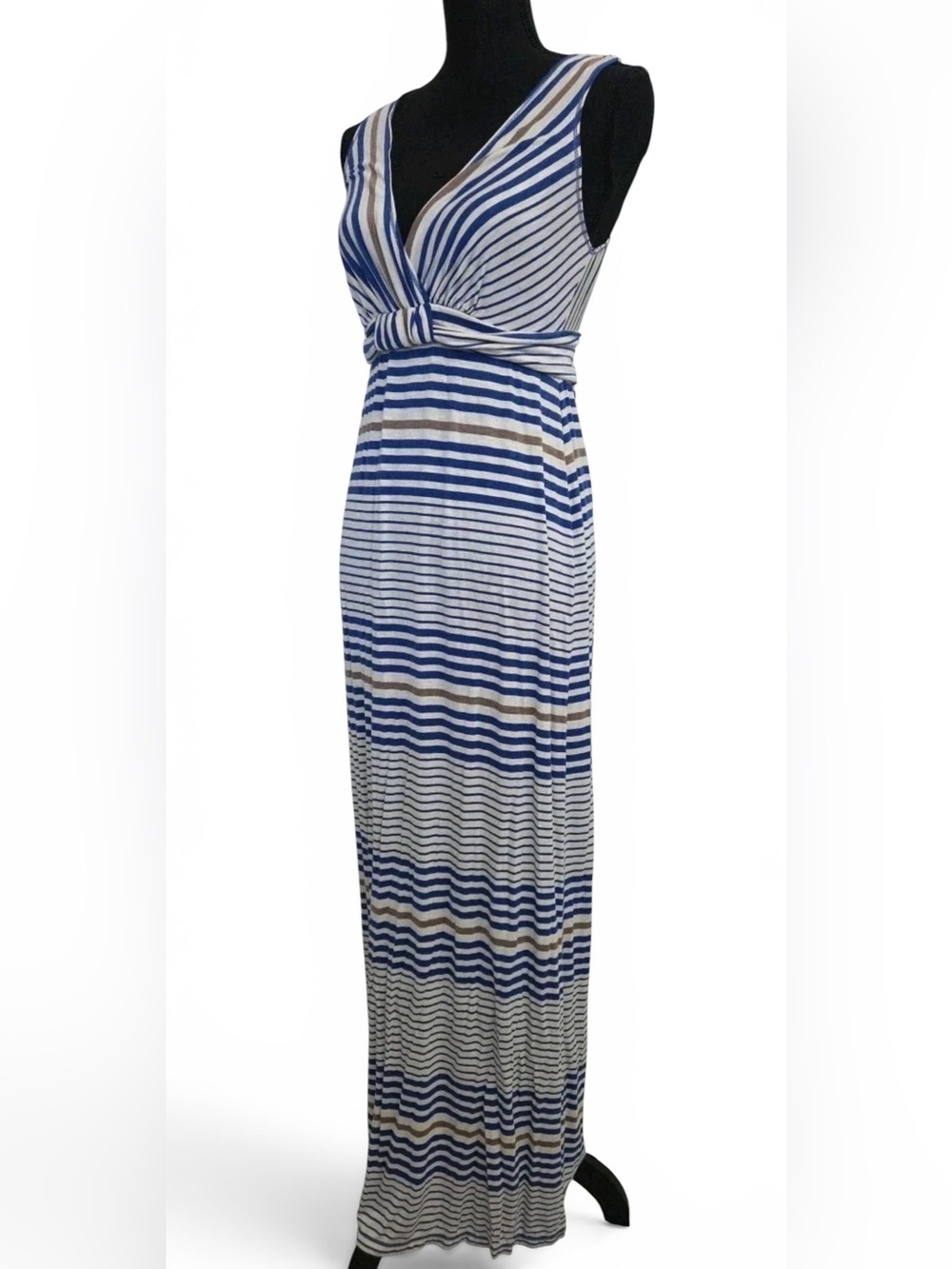 Studio M Navy, White & Tan Striped V-Neck Maxi Dress - Picture 2 of 5